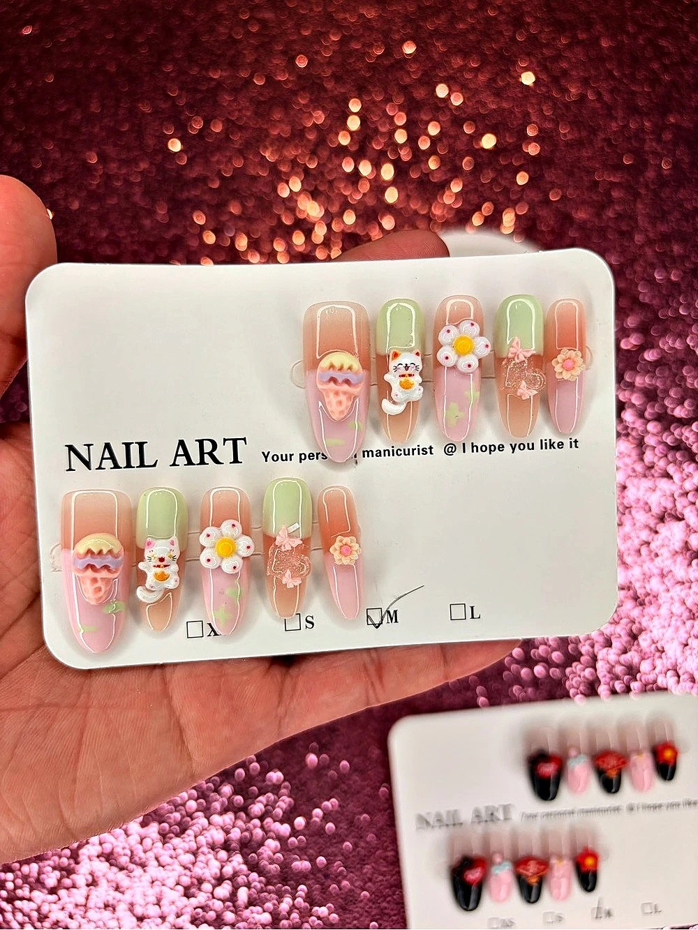 3 PACK OF Nail Art Press-On Nails Pink & Green NWT